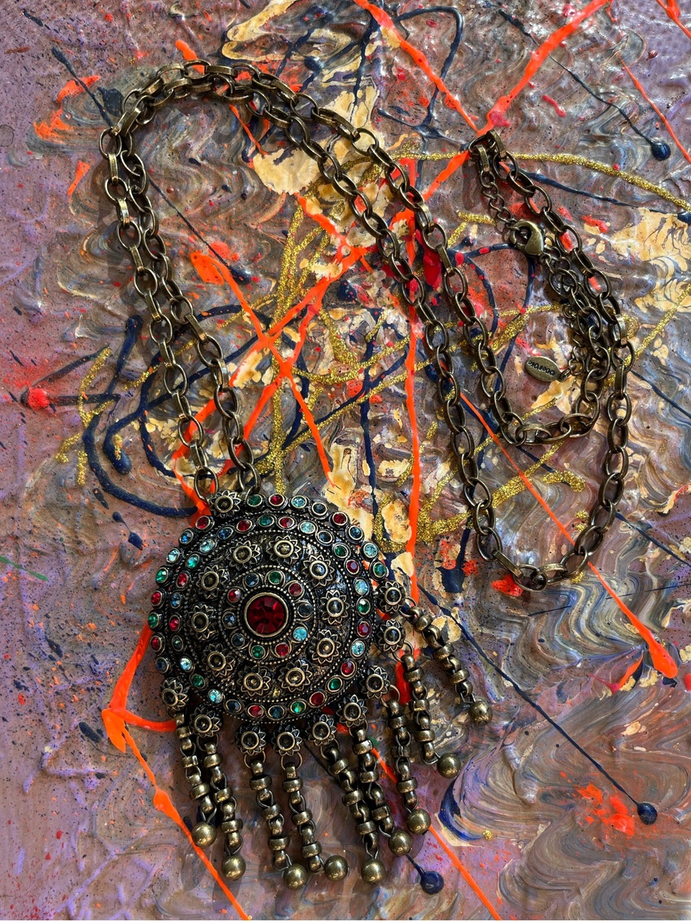 Linea by Dell’Olio Bronze Tone Metal Rhinestone Medallion Costume Necklace